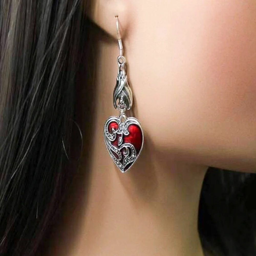 Antiqued Silver/Red Lacquer Heart Drop Earrings - Picture 5 of 7
